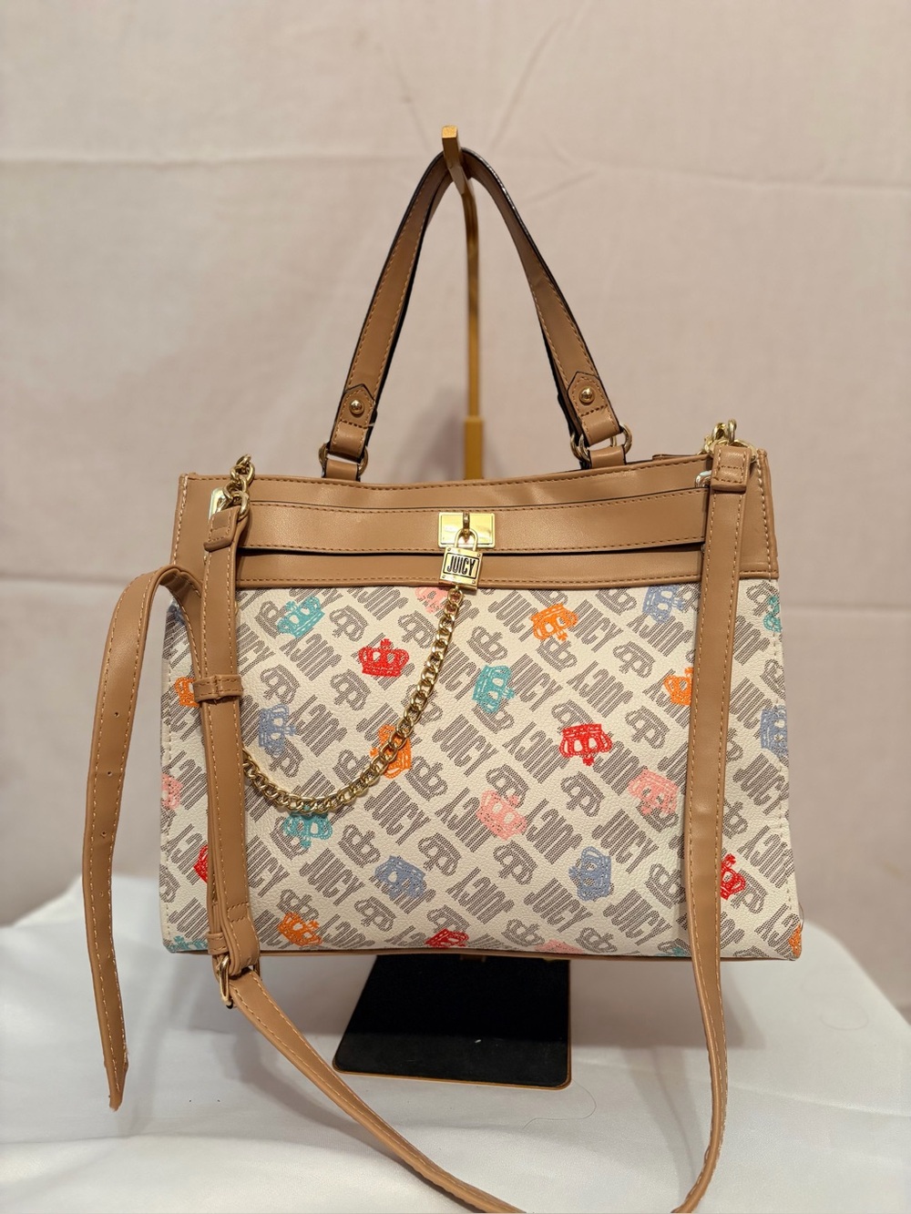 Juicy Couture Tan Satchel with Multicolor Logo Print